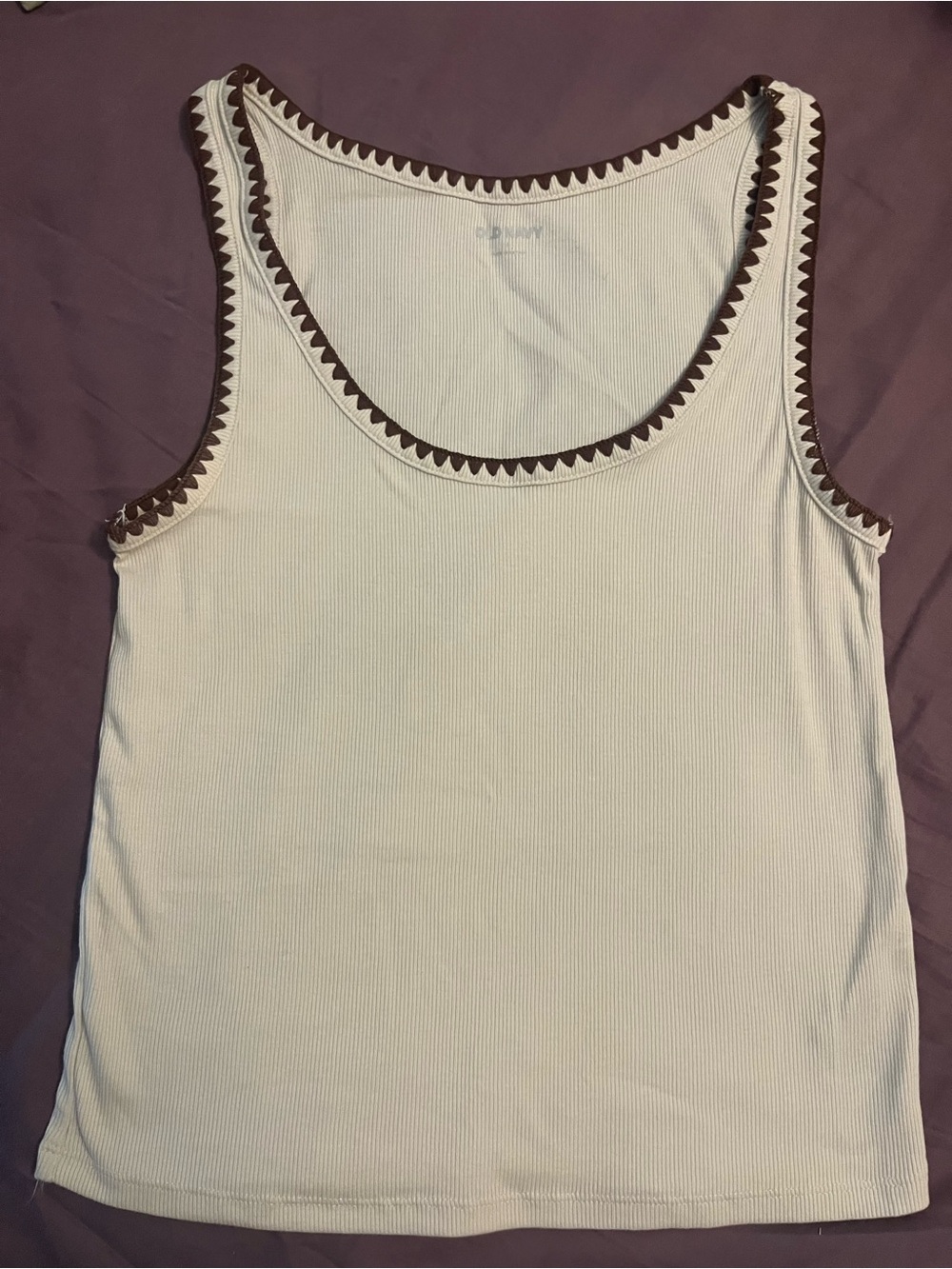 Classic Ribbed Tank with Boho Contrast Trim - Cream / Brown